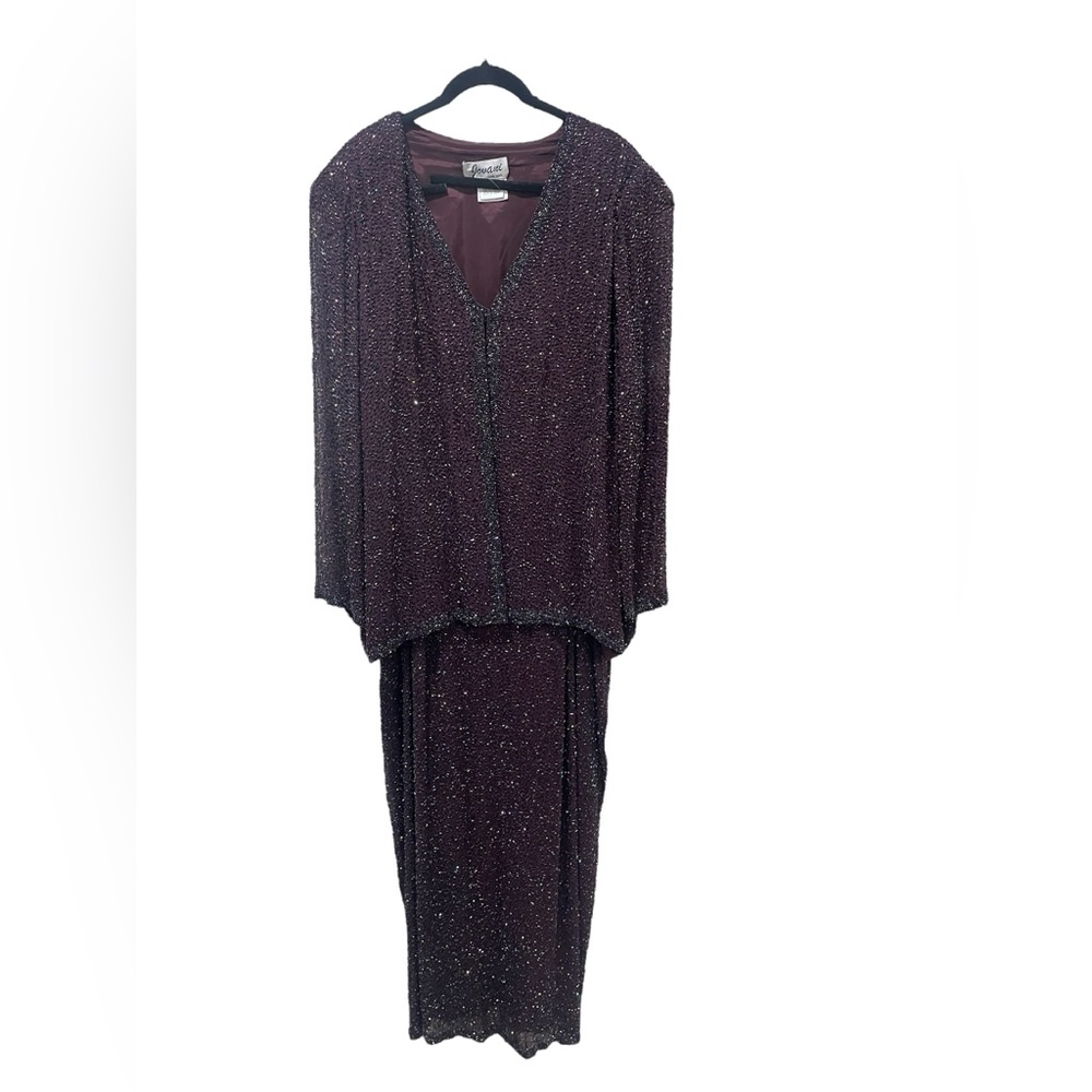 JOVANI Heavily Beaded Silk Burgundy Evening Wedding Dress And Jacket Set Size 22